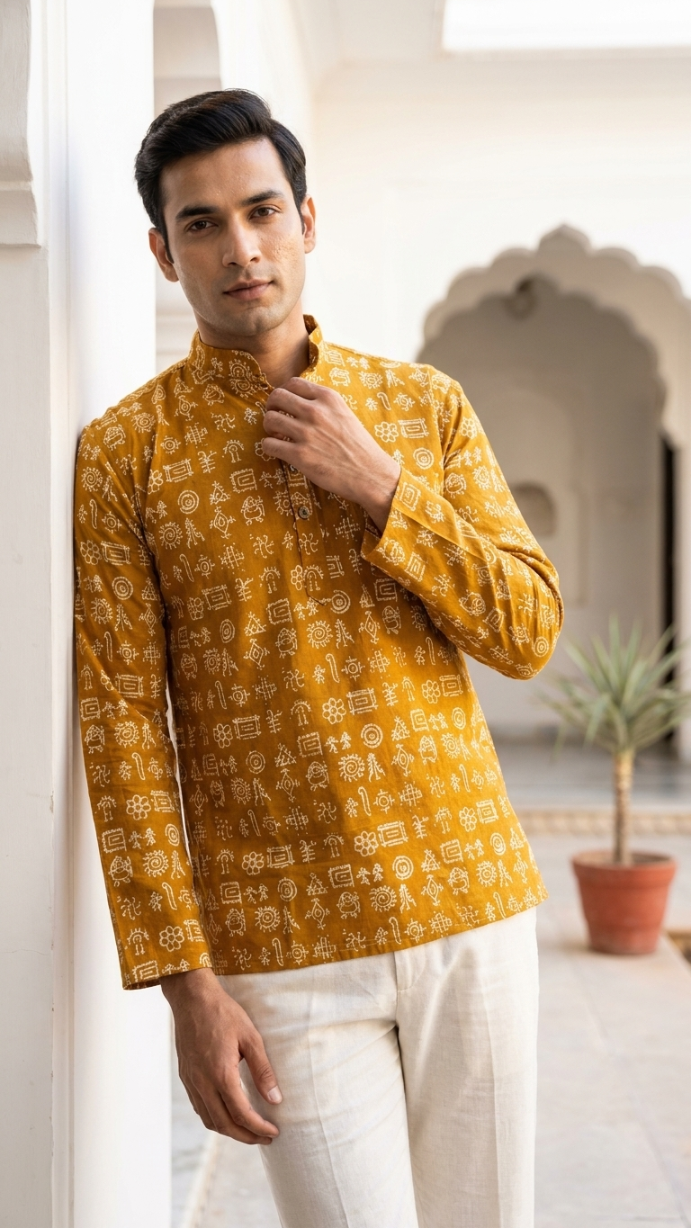 Mustard Tribal Print Full Sleeves Short Kurta for Men