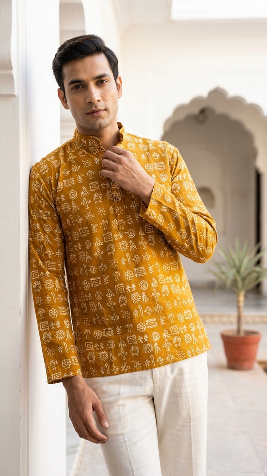 Mustard Tribal Print Full Sleeves Short Kurta for Men