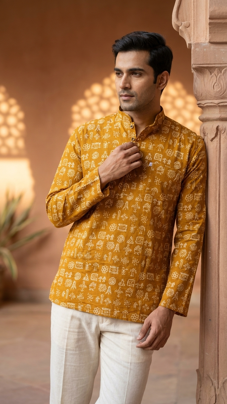 Mustard Tribal Print Full Sleeves Short Kurta for Men
