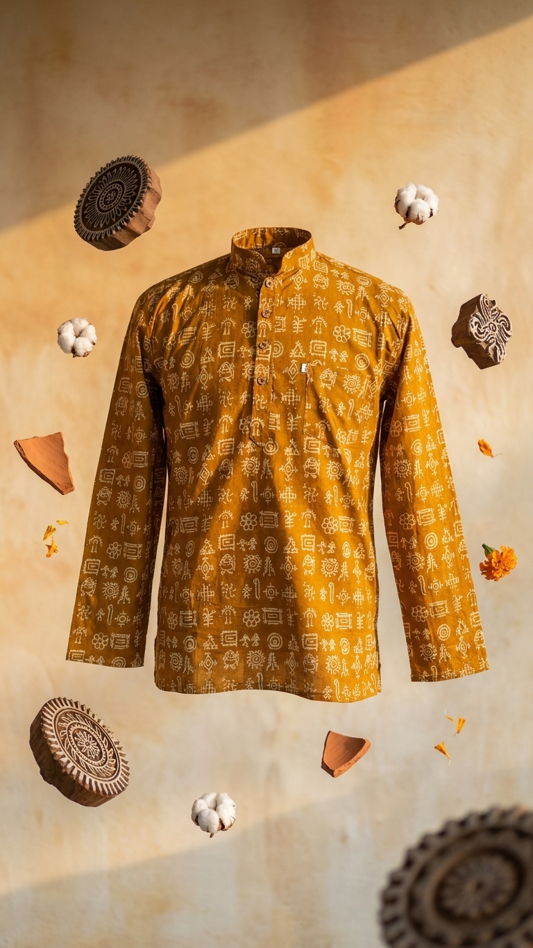 Mustard Tribal Print Full Sleeves Short Kurta for Men