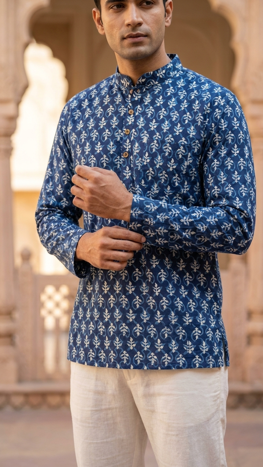Indigo Floral Buta Printed Short Kurta for Men