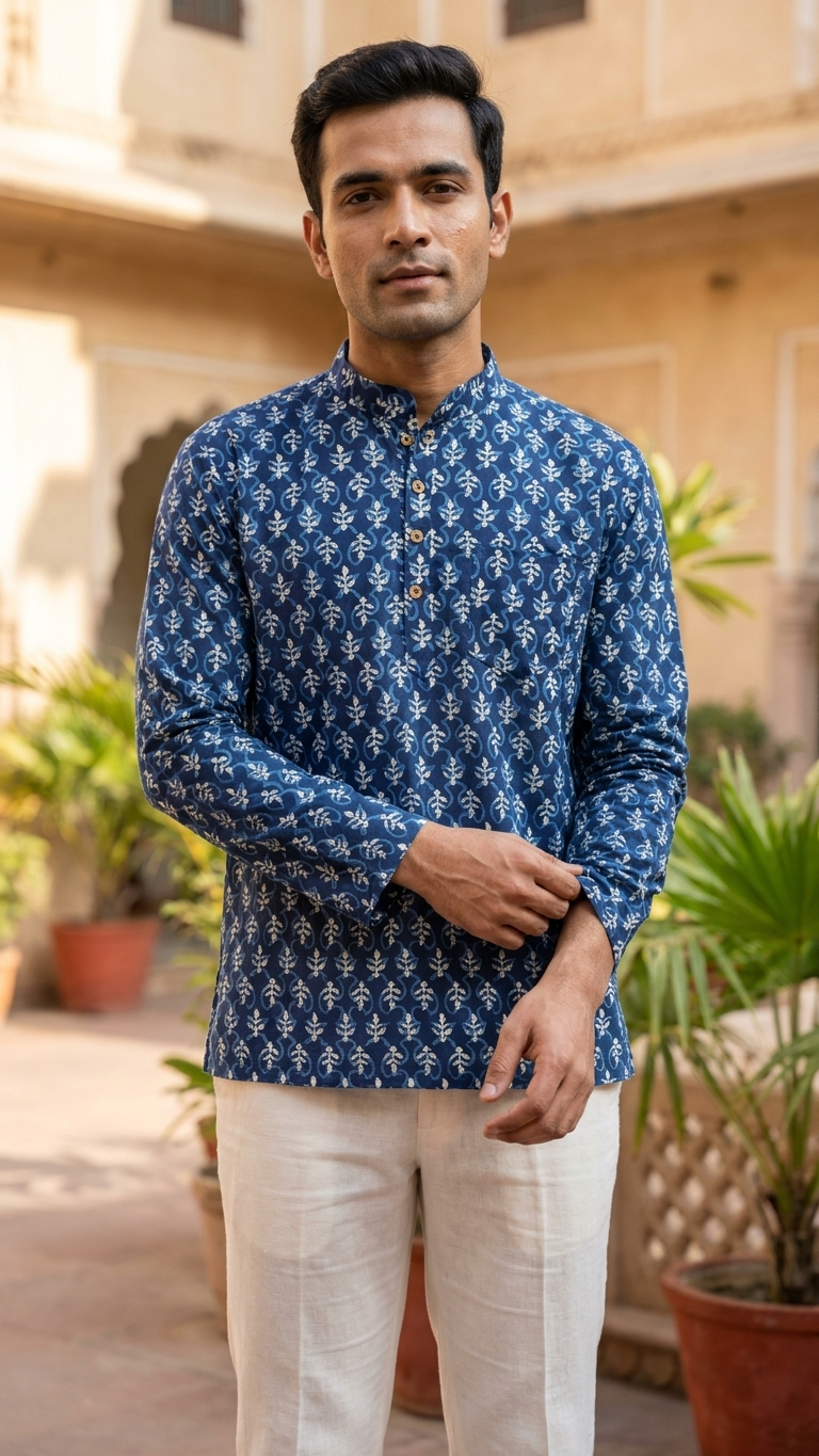 Indigo Floral Buta Printed Short Kurta for Men