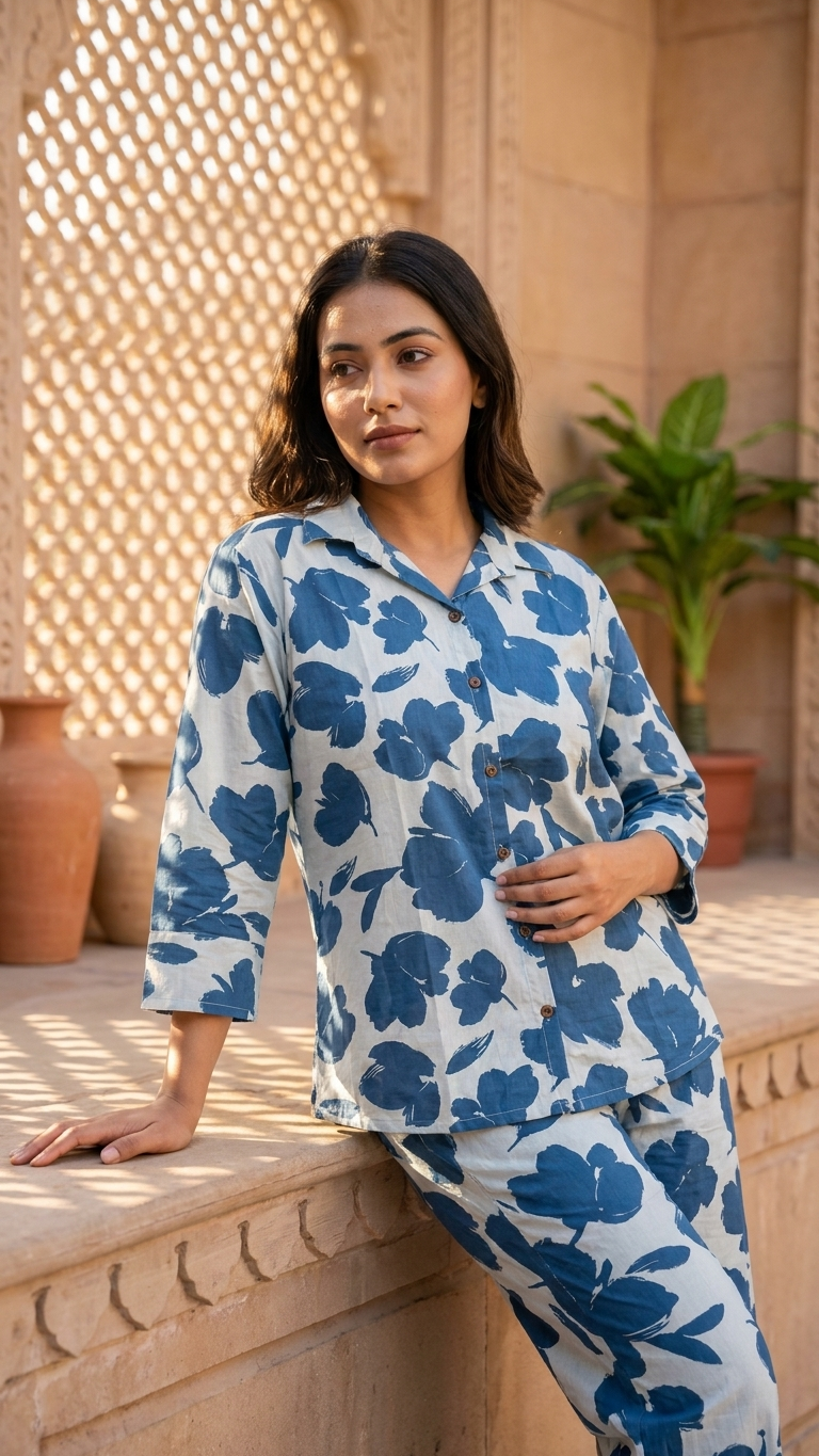 Sky Blue Floral Cotton Co-Ord Set for Women