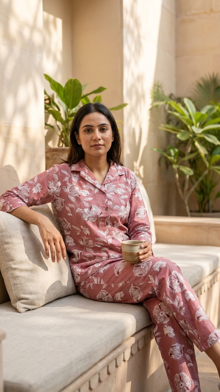 Dusty Pink Floral Cotton Co-Ord Set for Women