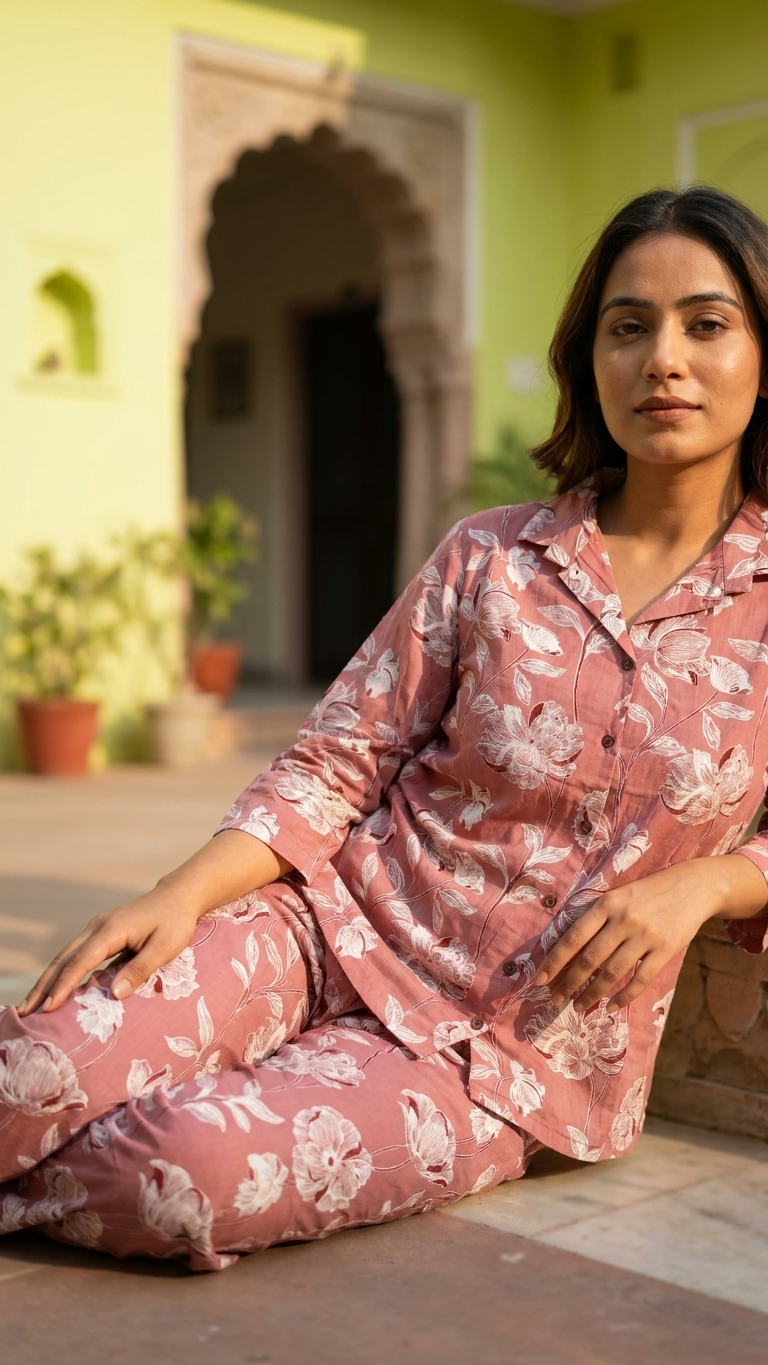Dusty Pink Floral Cotton Co-Ord Set for Women