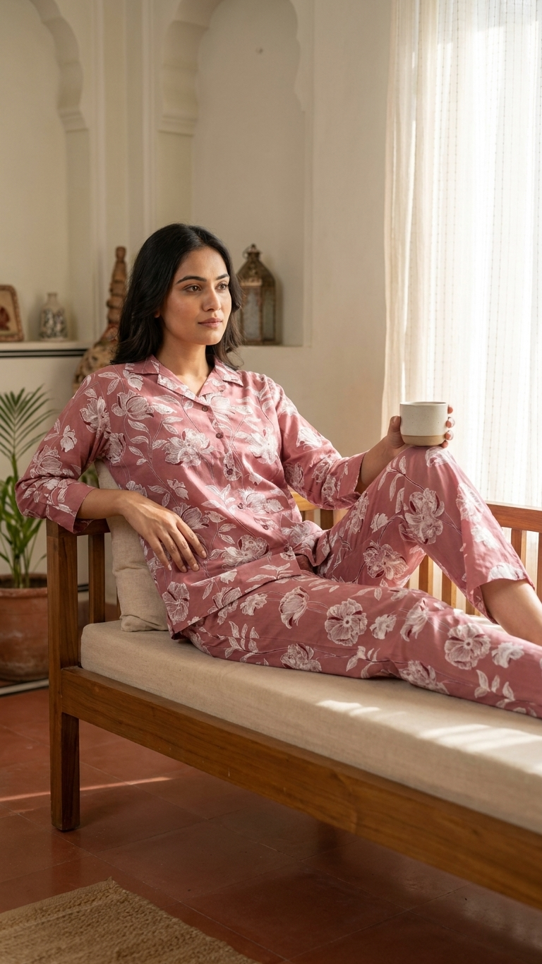 Dusty Pink Floral Cotton Co-Ord Set for Women