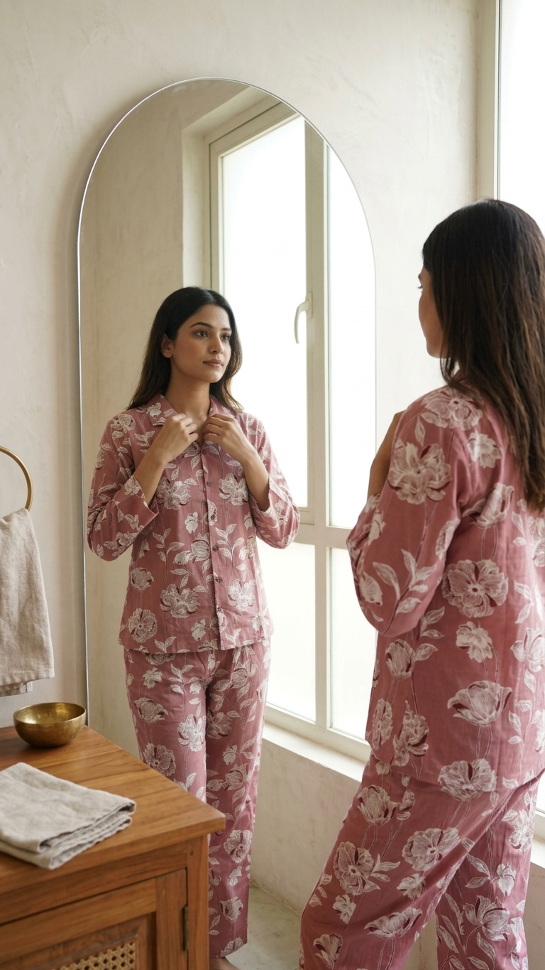 Dusty Pink Floral Cotton Co-Ord Set for Women