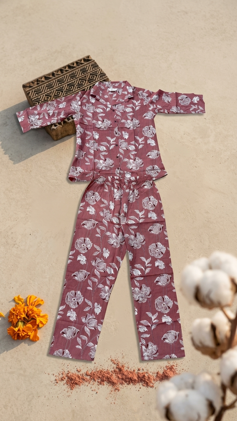 Dusty Pink Floral Cotton Co-Ord Set for Women
