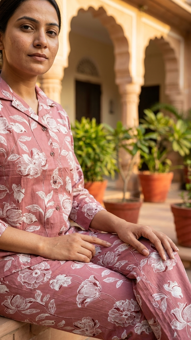 Dusty Pink Floral Cotton Co-Ord Set for Women