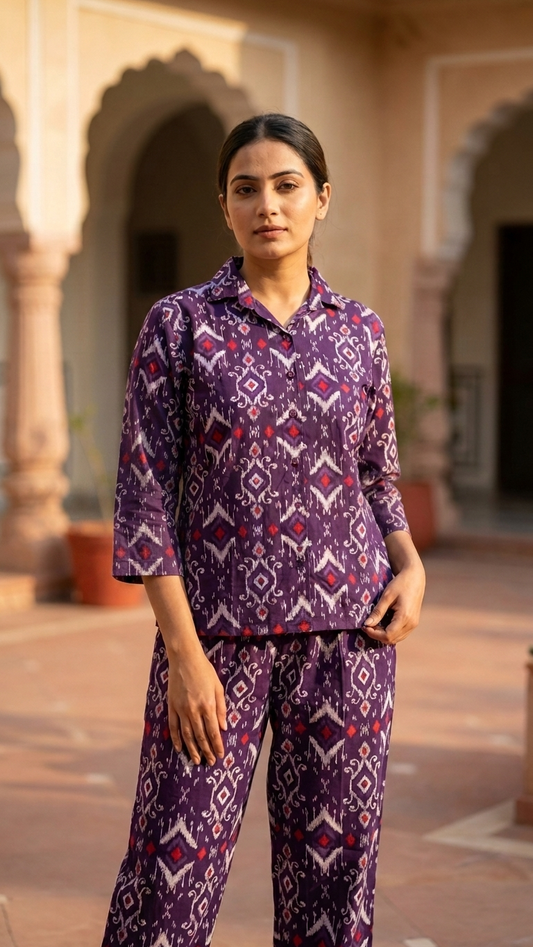 Purple Ikat Cotton Co-Ord Set for Women