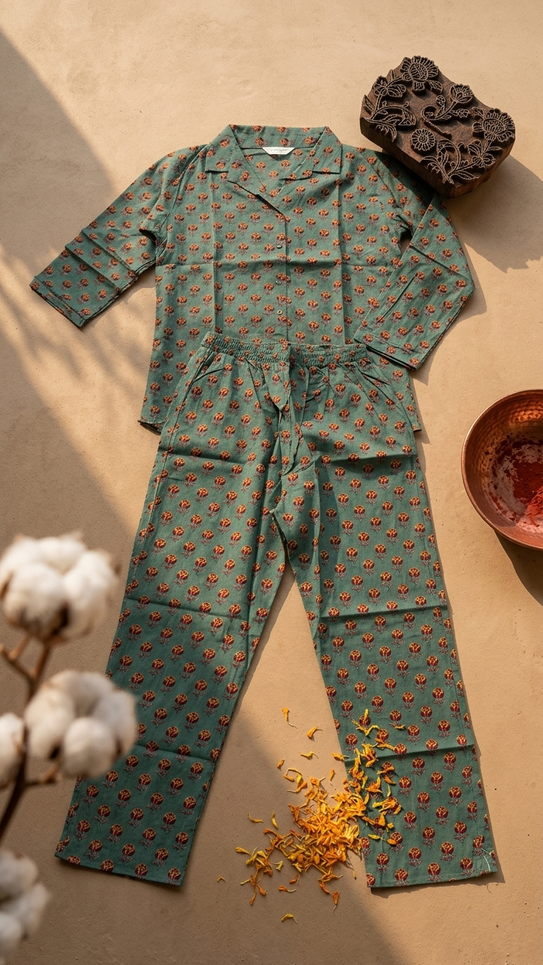 Sage Green Floral Booti Cotton Co-ord Set for Women