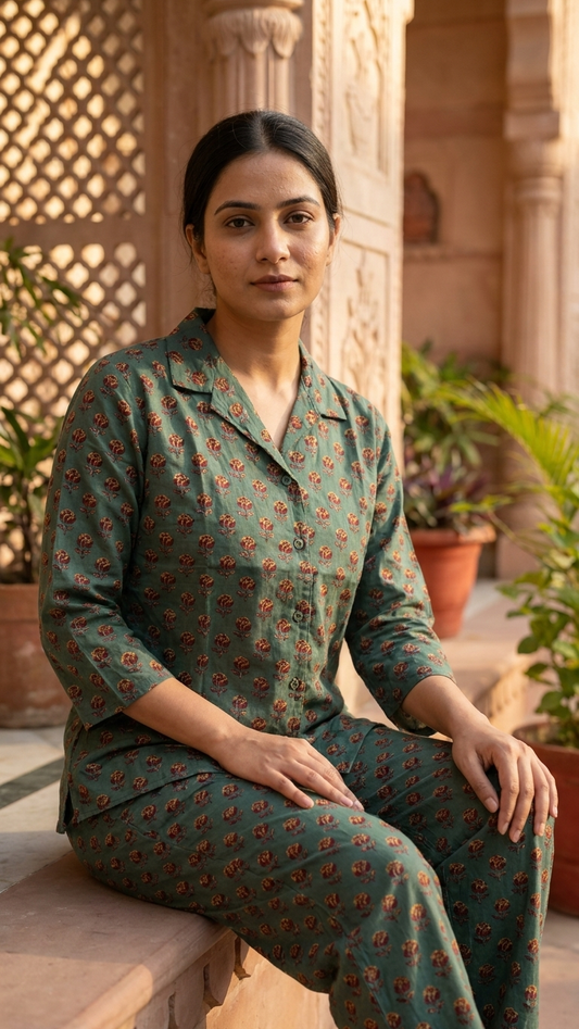 Sage Green Floral Booti Cotton Co-ord Set for Women