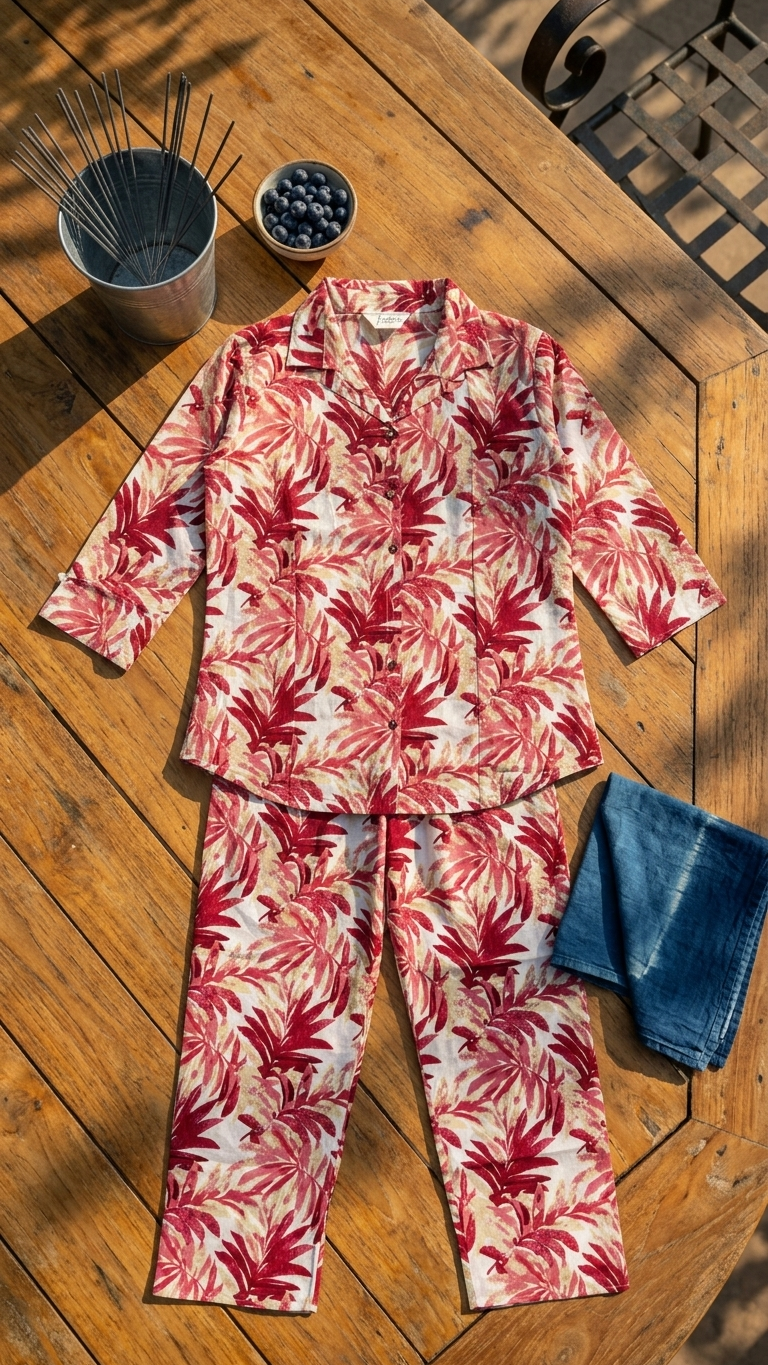 Wine Tropical Cotton Co-ord Set for Women