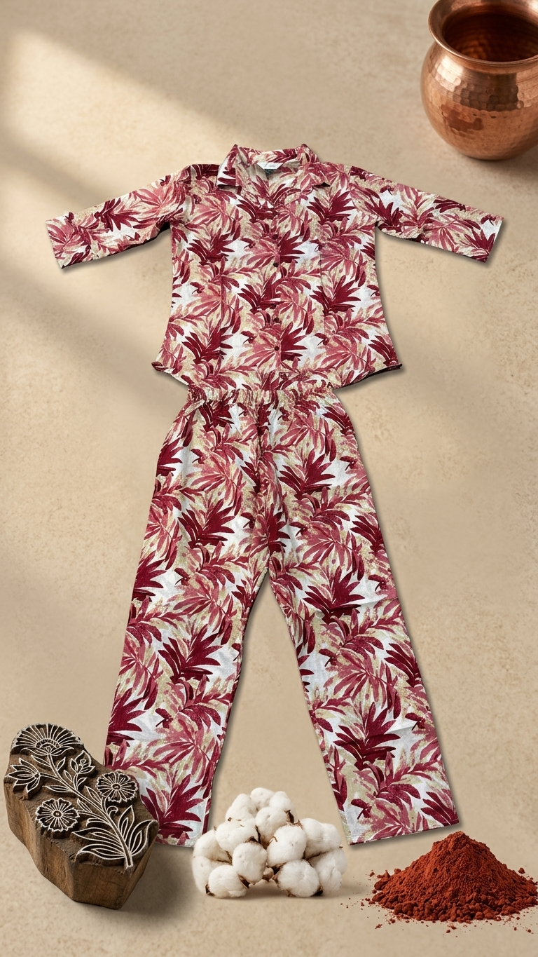 Wine Tropical Cotton Co-ord Set for Women