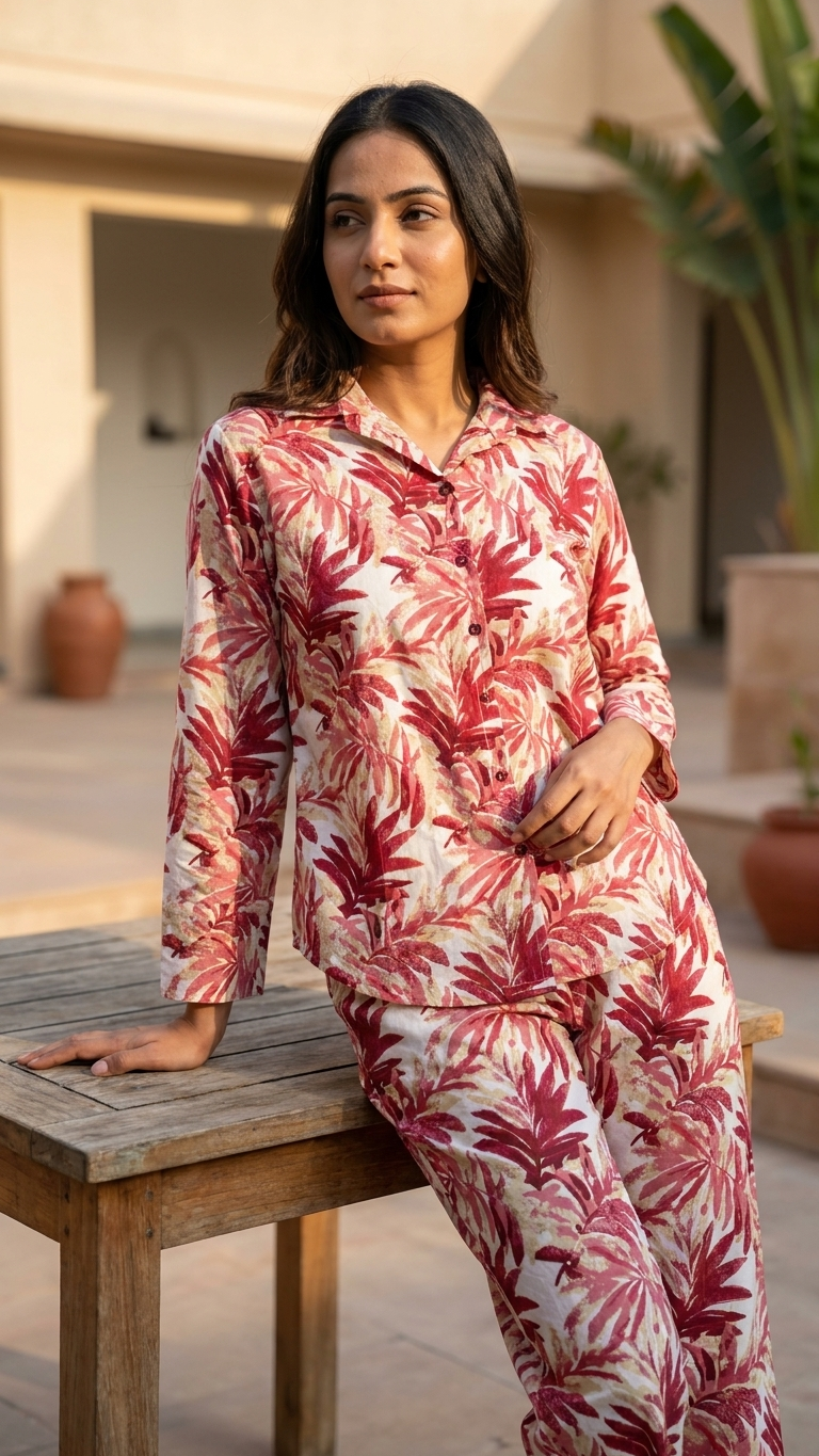 Wine Tropical Cotton Co-ord Set for Women