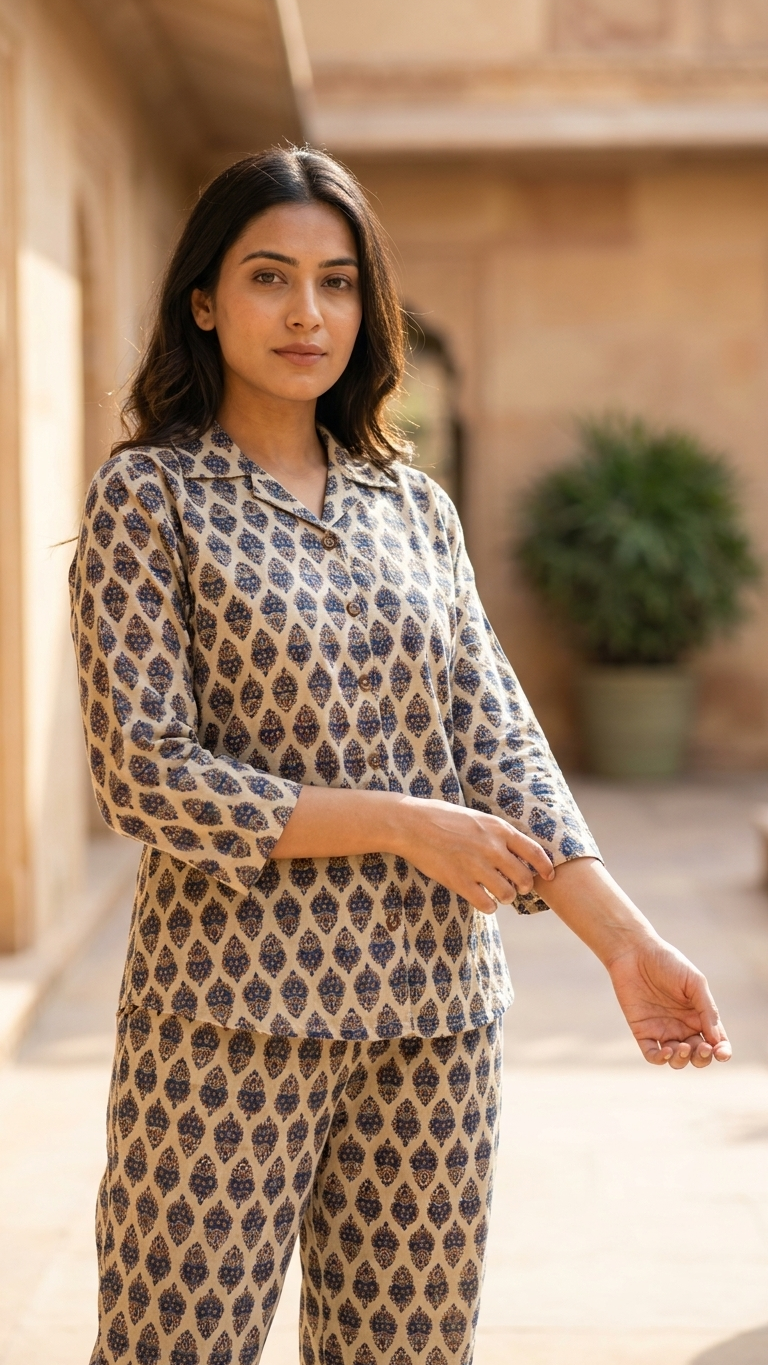 Beige Blue Booti Cotton Co-ord Set for Women