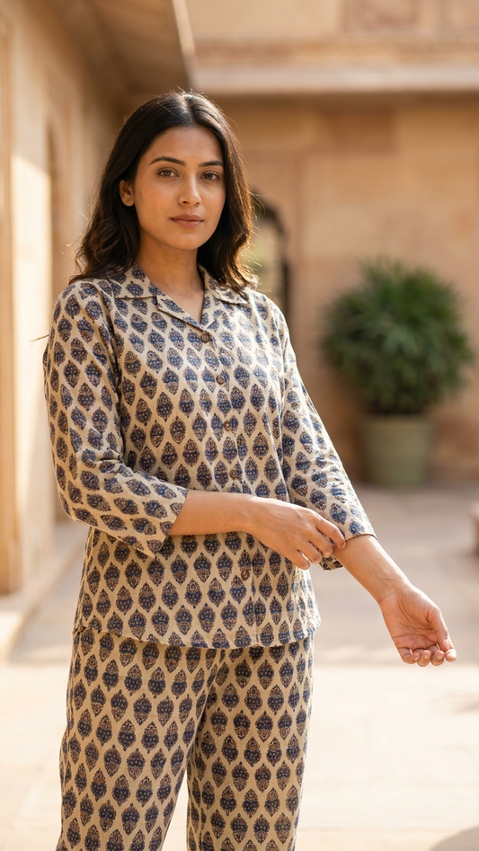 Beige Blue Booti Cotton Co-ord Set for Women