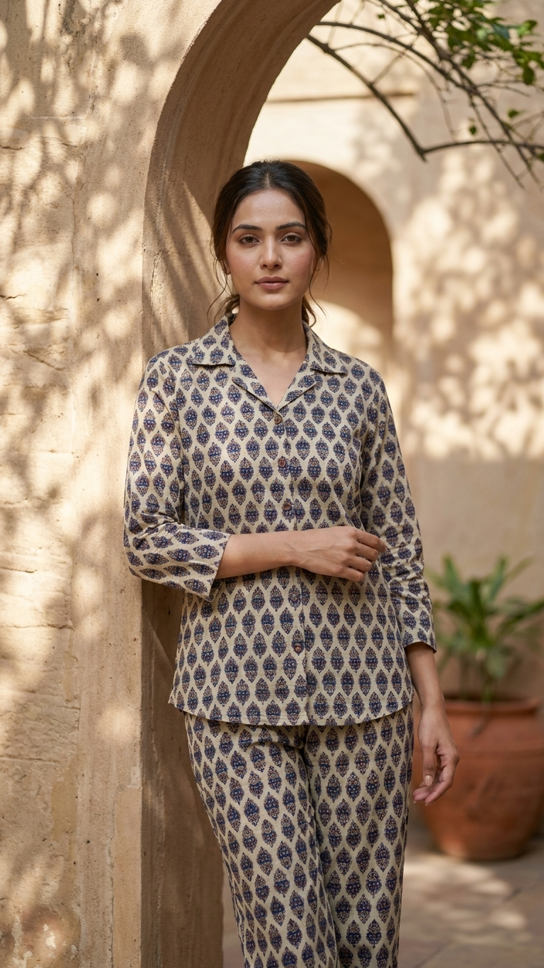 Beige Blue Booti Cotton Co-ord Set for Women