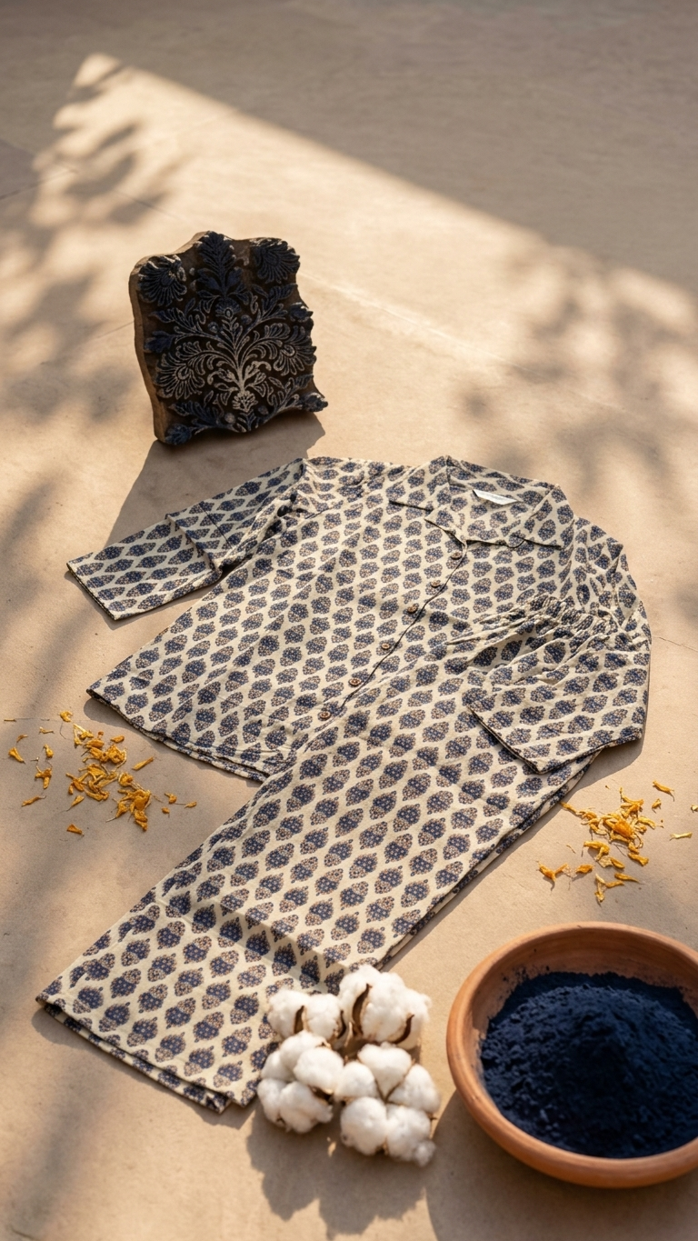 Beige Blue Booti Cotton Co-ord Set for Women