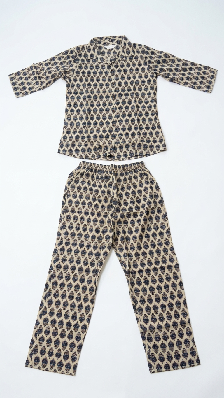 Beige Blue Booti Cotton Co-ord Set for Women