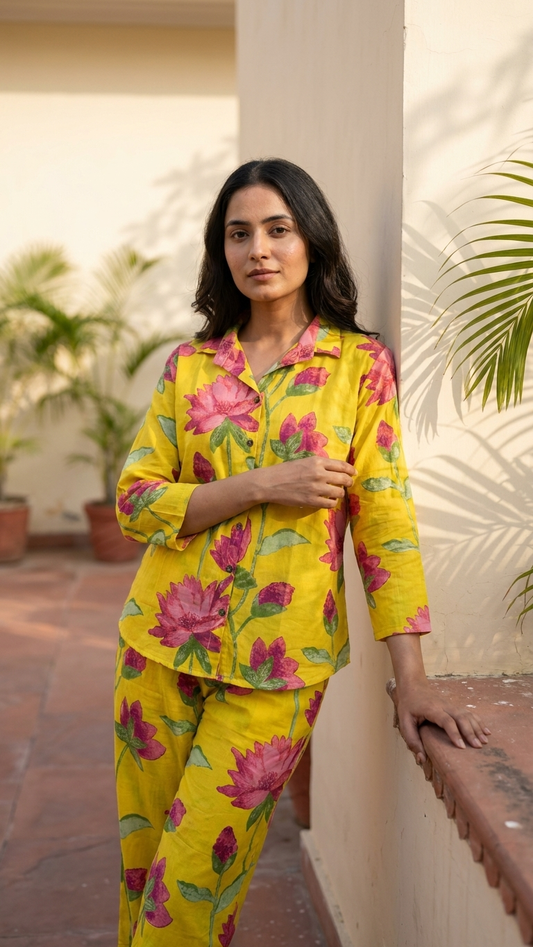 Yellow Floral Cotton Co-Ord Set for Women