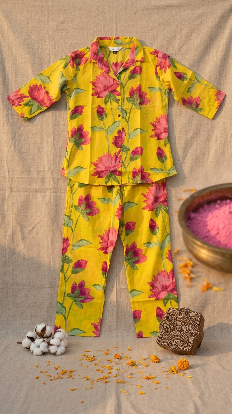 Yellow Floral Cotton Co-Ord Set for Women
