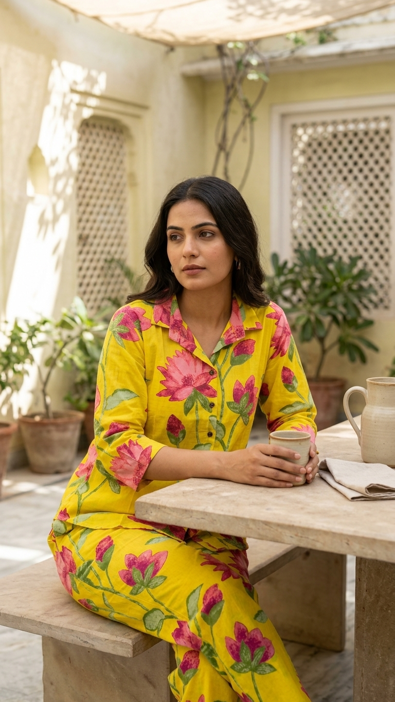 Yellow Floral Cotton Co-Ord Set for Women