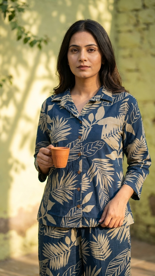 Blue Tropical Cotton Co-Ord Set for Women