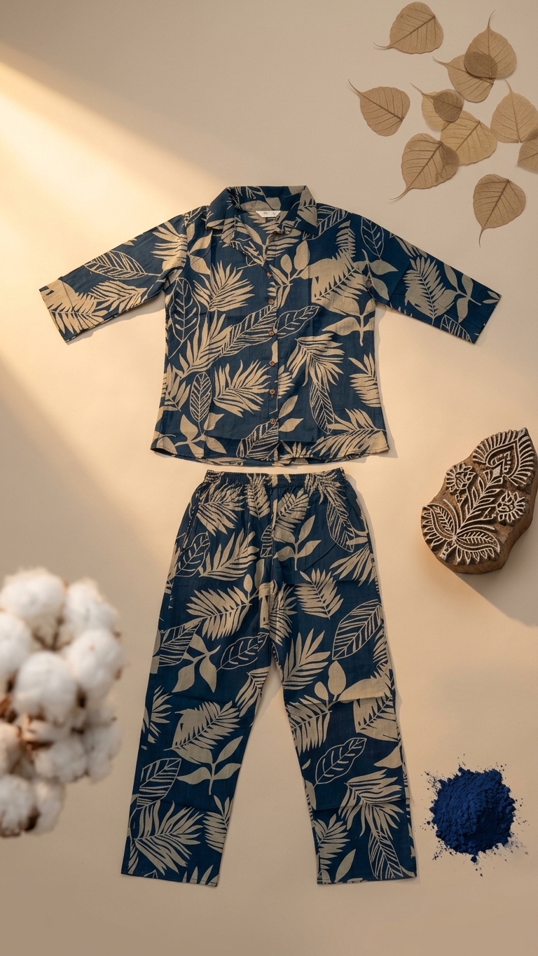 Blue Tropical Cotton Co-Ord Set for Women
