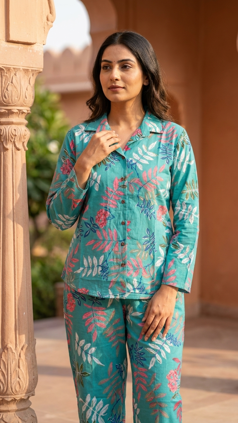 Teal Floral Cotton Co-Ord Set for Women
