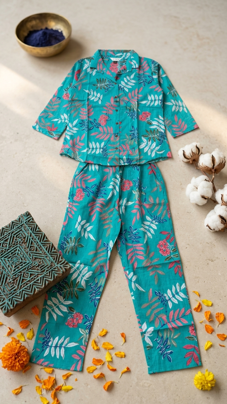 Teal Floral Cotton Co-Ord Set for Women