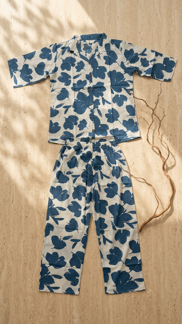 Sky Blue Floral Cotton Co-Ord Set for Women