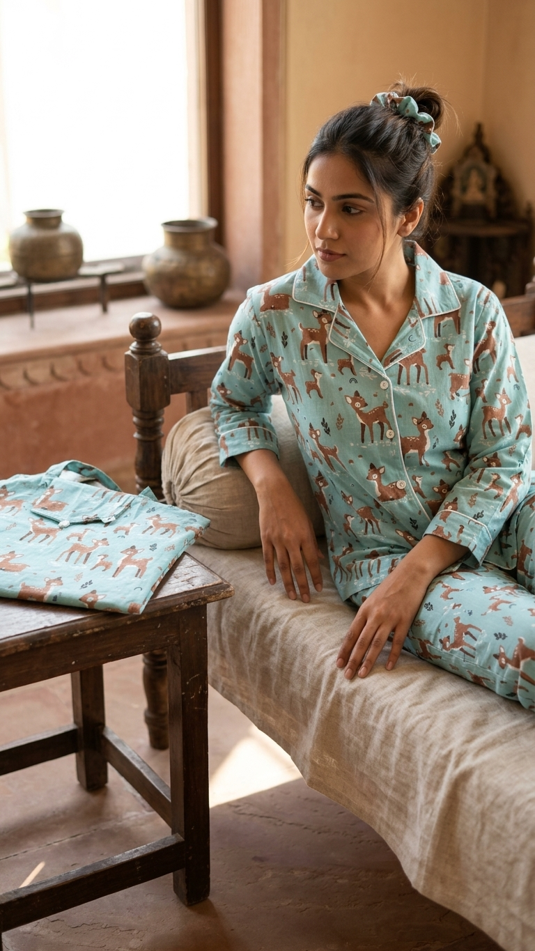 Sky Blue Deer Print Women's Cotton Night Suit