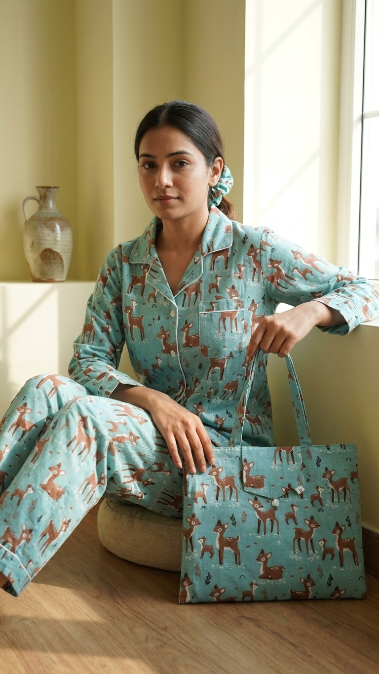 Sky Blue Deer Print Women's Cotton Night Suit