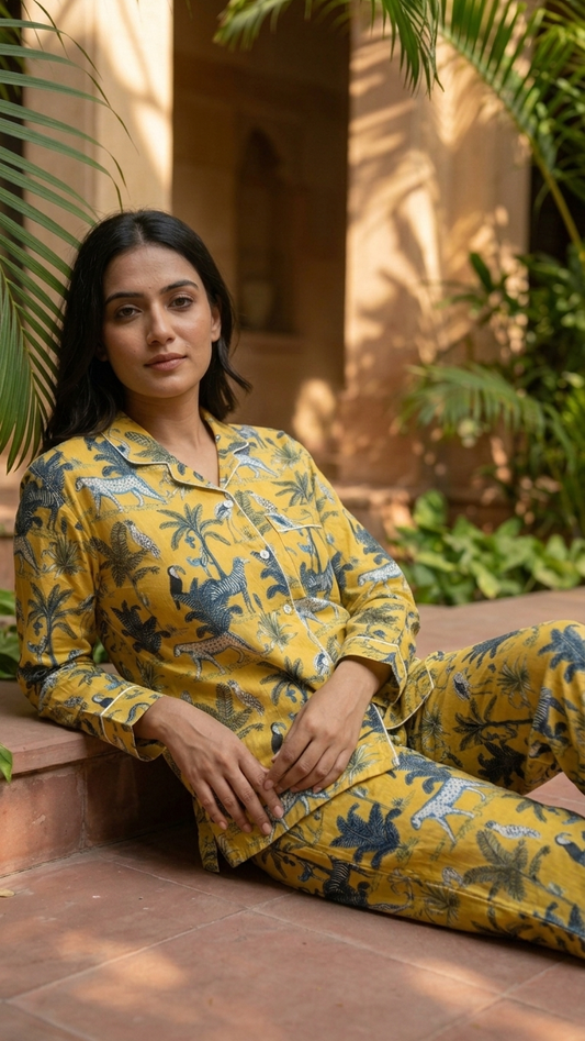 Yellow Jungle Print Women's Cotton Night Suit