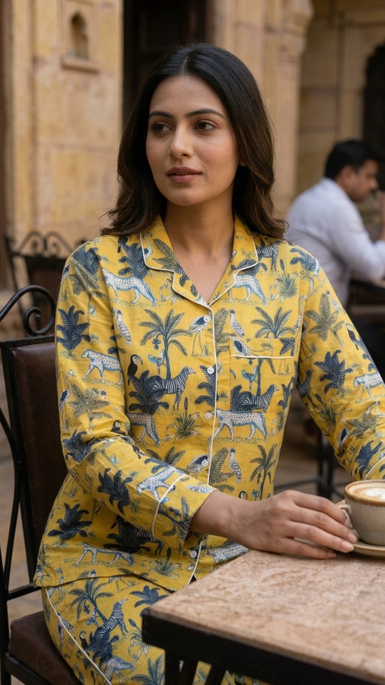 Yellow Jungle Print Women's Cotton Night Suit