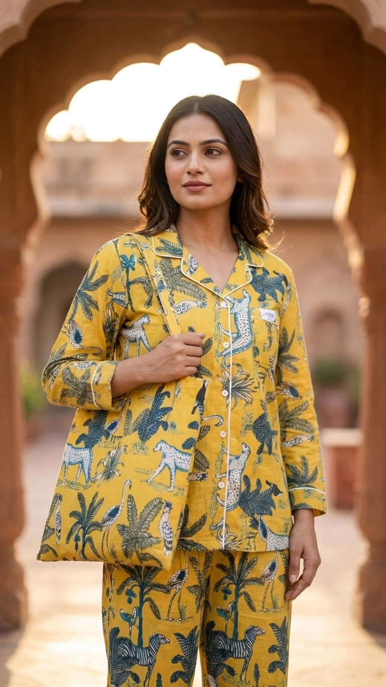 Yellow Jungle Print Women's Cotton Night Suit
