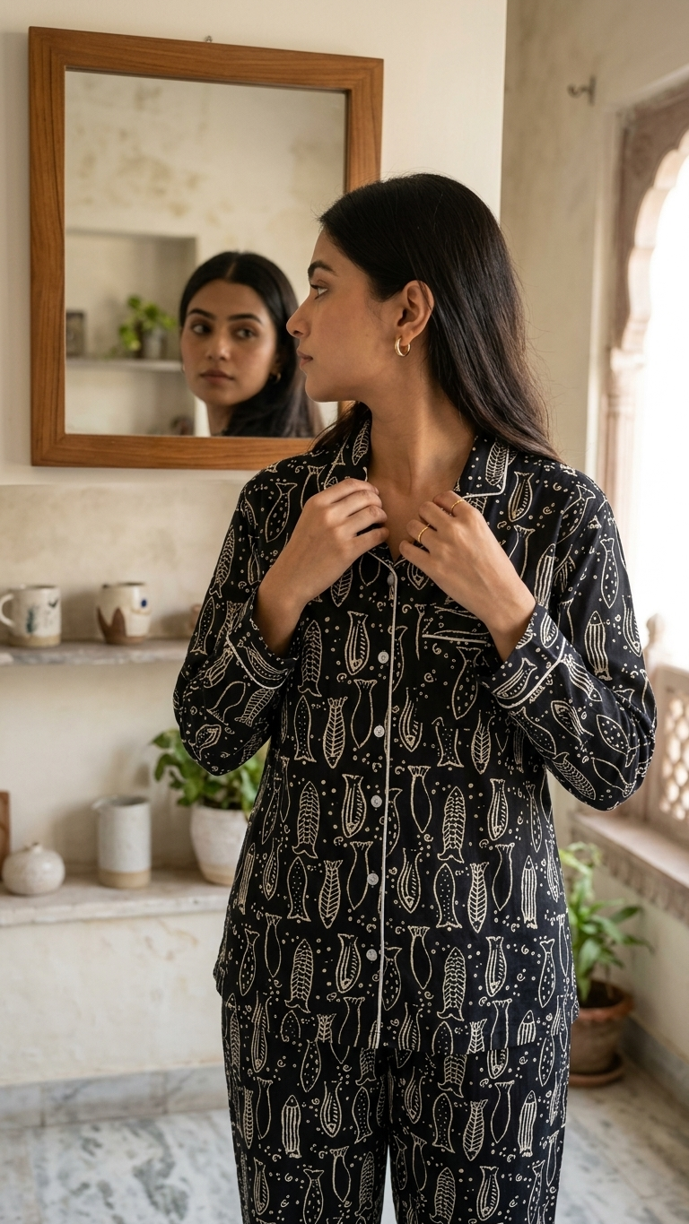 Black Fish Print Women's Cotton Night Suit