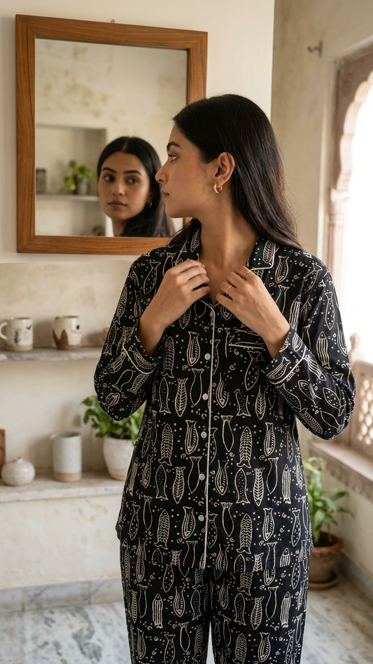 Black Fish Print Women's Cotton Night Suit