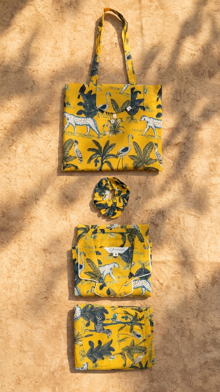 Yellow Jungle Print Women's Cotton Night Suit