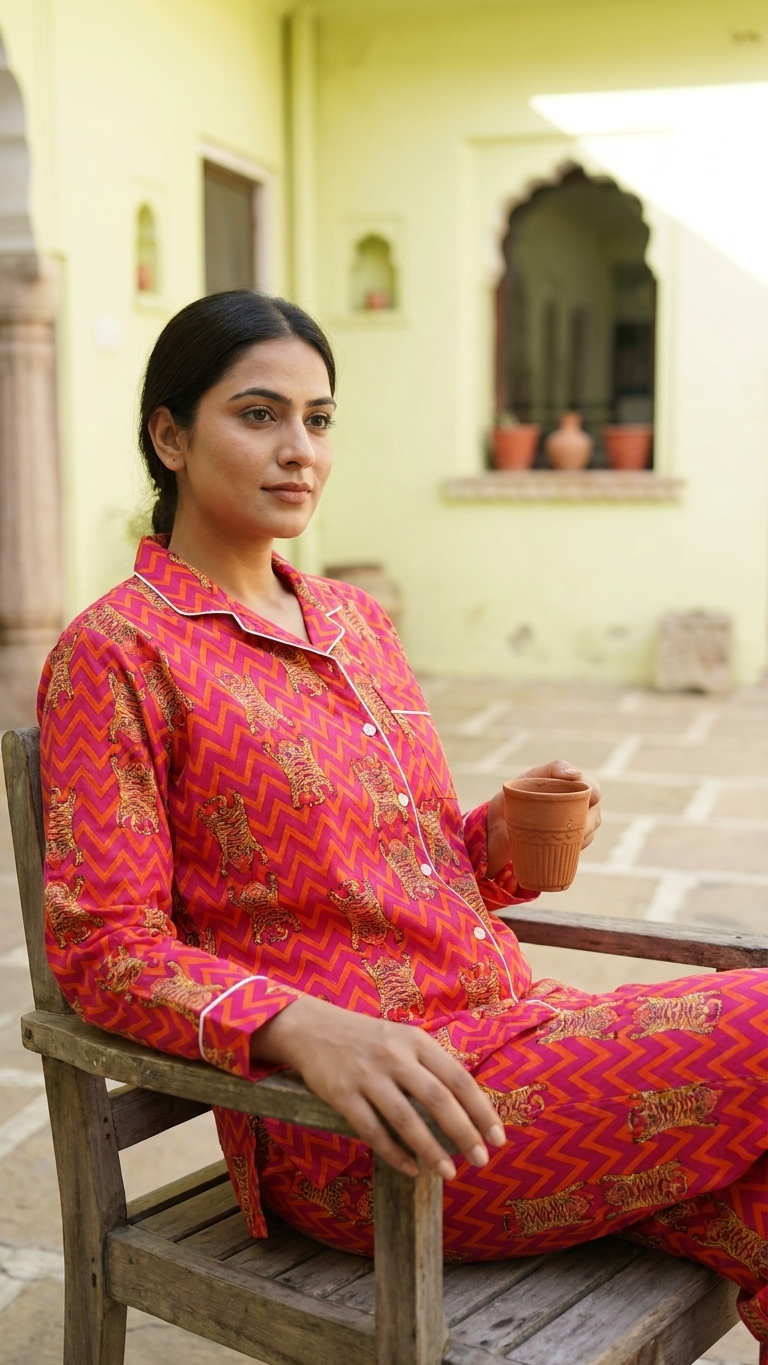 Pink Orange Tiger Chevron Women's Cotton Night Suit