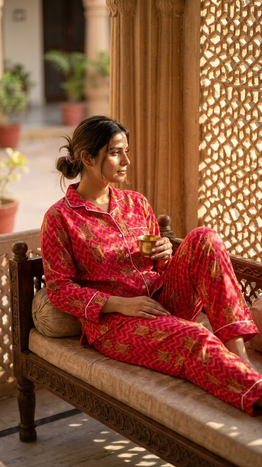 Pink Orange Tiger Chevron Women's Cotton Night Suit
