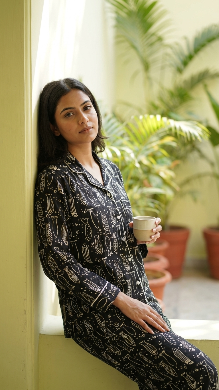 Black Fish Print Women's Cotton Night Suit