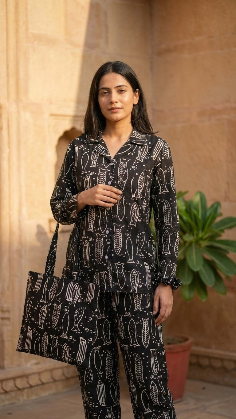 Black Fish Print Women's Cotton Night Suit
