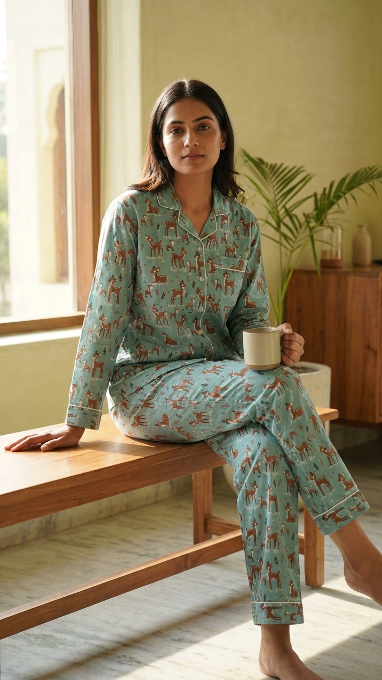 Sky Blue Deer Print Women's Cotton Night Suit