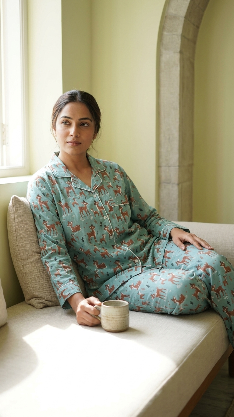 Sky Blue Deer Print Women's Cotton Night Suit