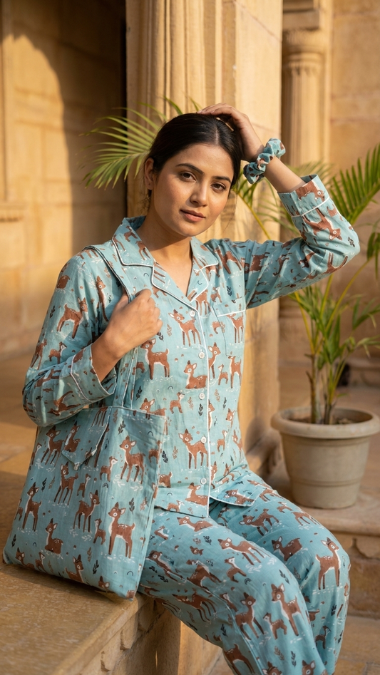 Sky Blue Deer Print Women's Cotton Night Suit