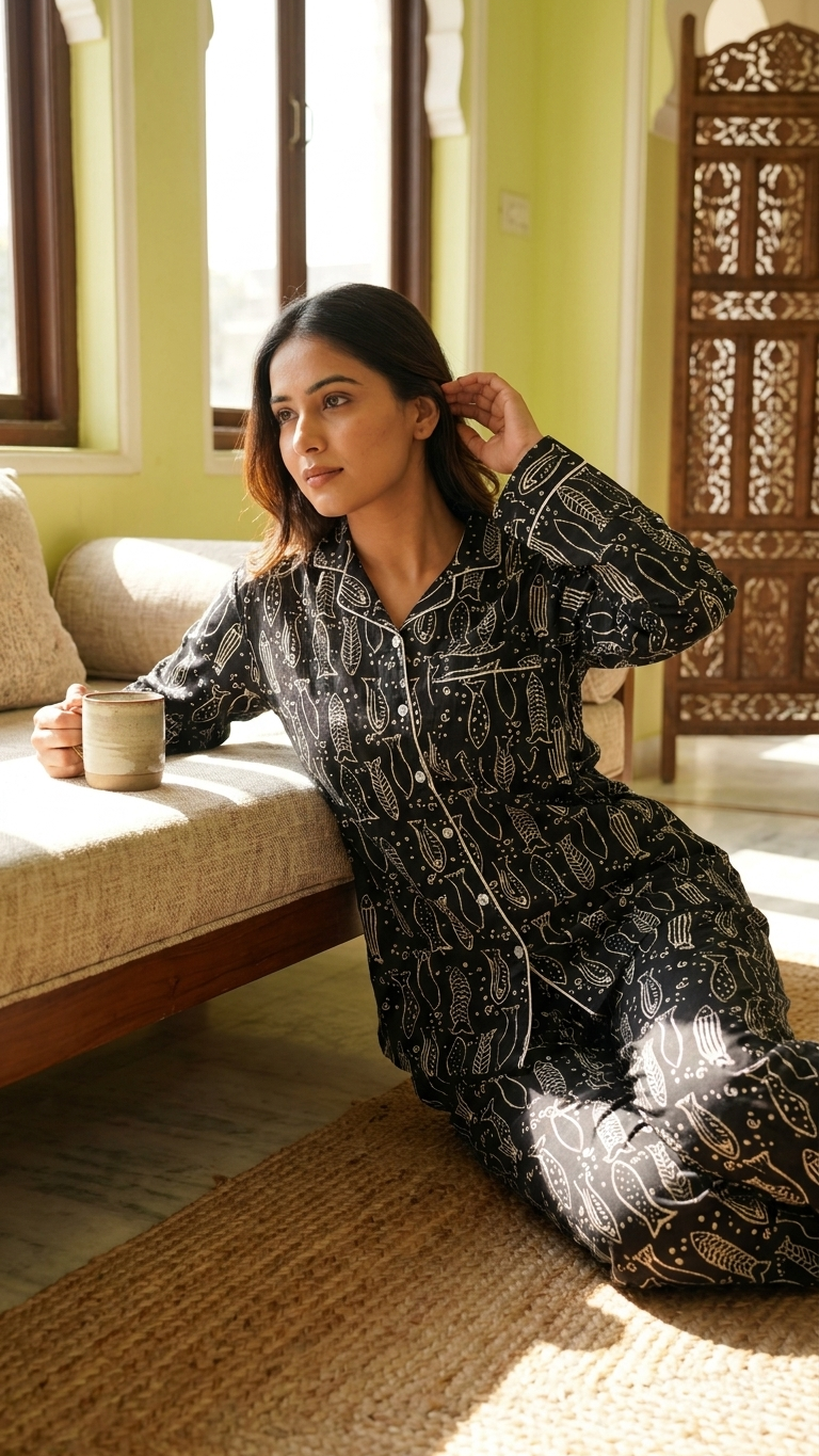 Black Fish Print Women's Cotton Night Suit