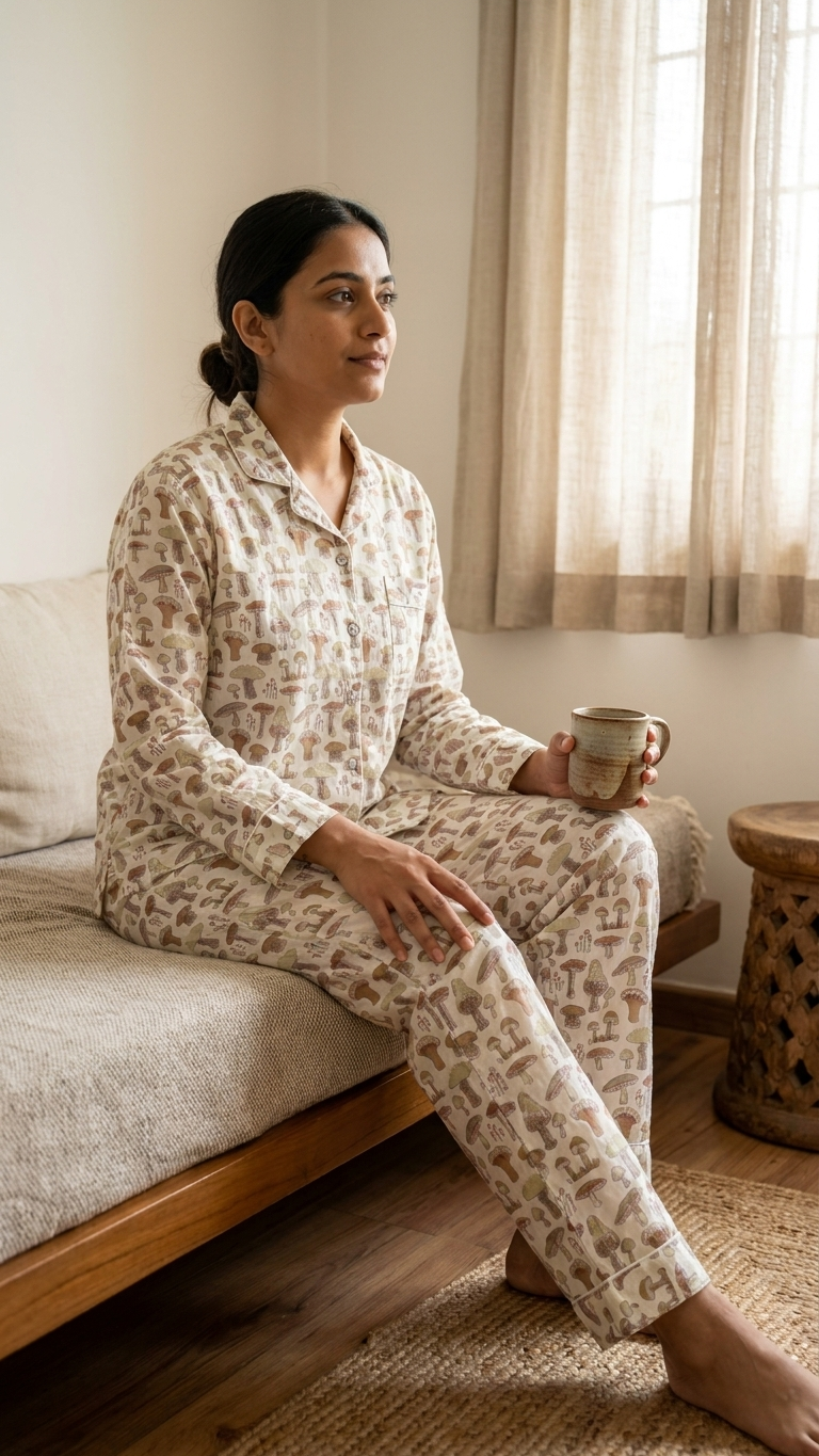 White Mushroom Women's Cotton Night Suit