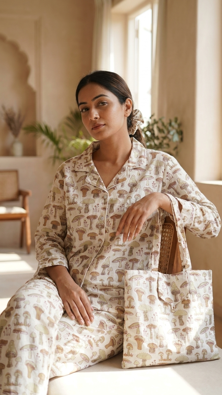 White Mushroom Women's Cotton Night Suit